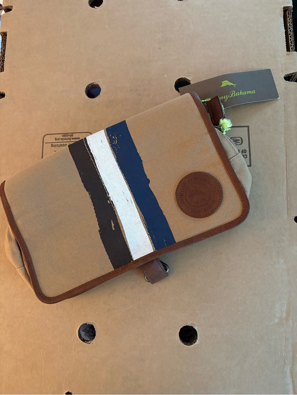 Tommy Bahama Tan Canvas Hanging Toiletry Bag w/ Blue, White & Brown Stripes NWT